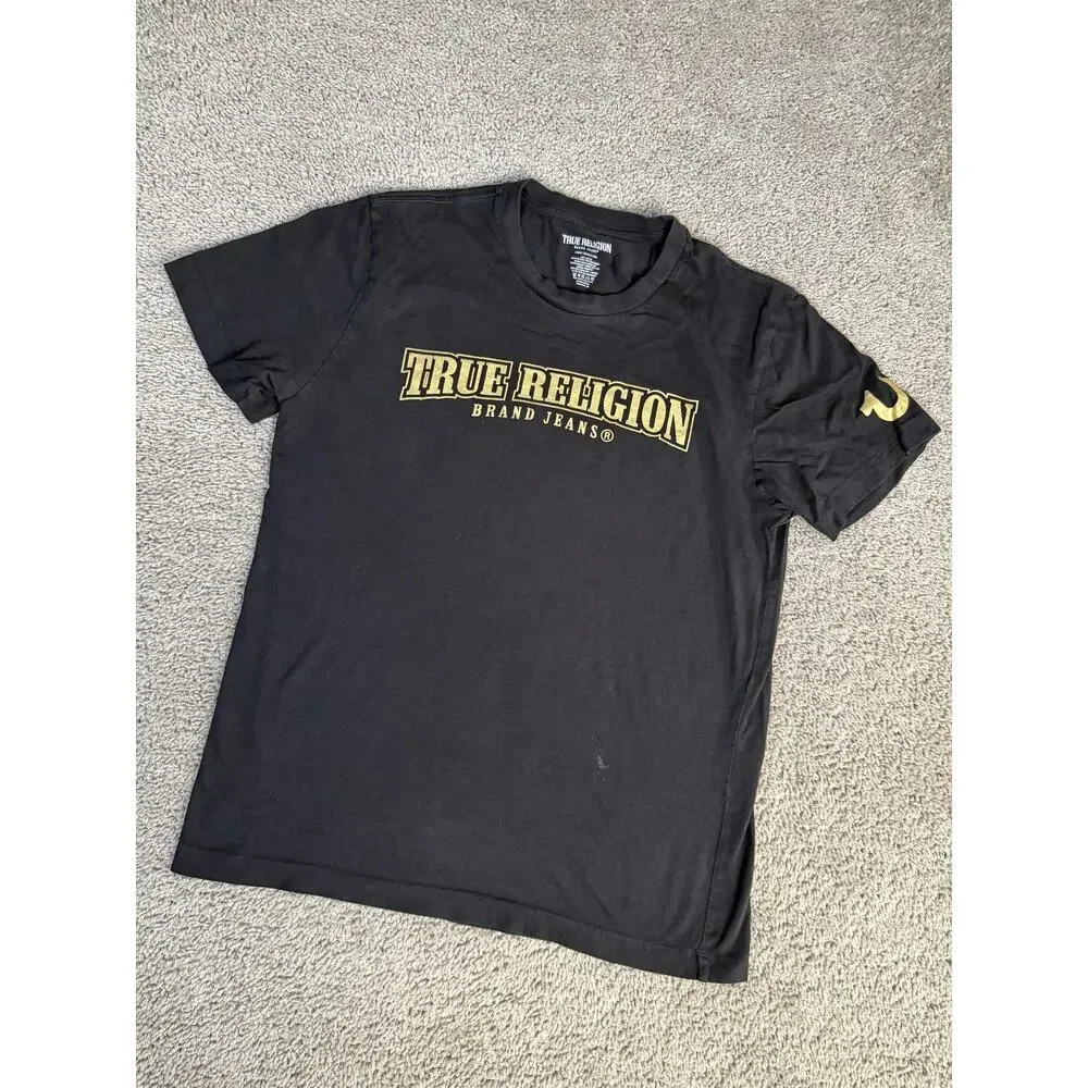 True Religion Shirt Mens L Black Brand Jeans Graphic Crew Neck Tagless Cotton
